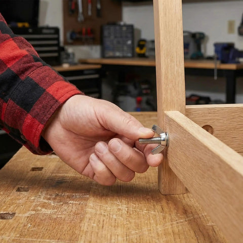 Hand fastening a 5/16-18 zinc plated wing nut on wooden furniture with carbon steel butterfly hardware.