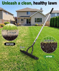 15 Inch Heavy Duty Dethatching Rake With Adjustable Long Handle Metal Turf Rake for Grass and Lawn Cleanup in use on lawn