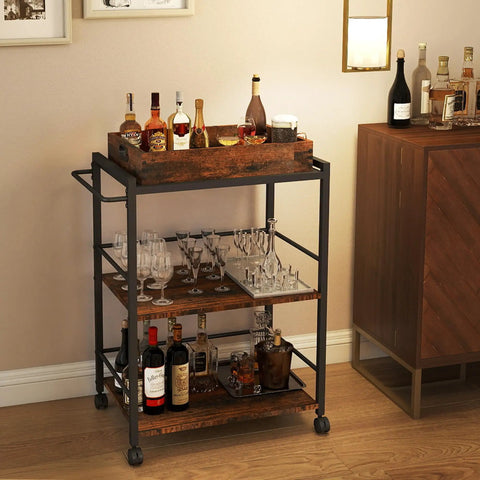 Kickback Ready Three Tier Kitchen Cart With Smooth Rollin Wheels Rustic Brown Multi Purpose Bar Serving Stand Roomy Open Shelves displaying drinks and glasses.