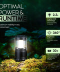 LED Camping Lantern for outdoor adventures on forest floor with bright COB LED light, illustrating 360-degree illumination and runtime details.