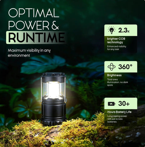 LED Camping Lantern for outdoor adventures on forest floor with bright COB LED light, illustrating 360-degree illumination and runtime details.