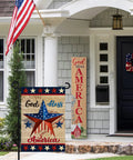 All American God Bless America 4th Of July Garden Flag 12 By 18 Inches Double Sided Red White Blue Stars Outdoor Yard Decor For Independence Day And Memorial Day displayed on a porch with flag and wreath.
