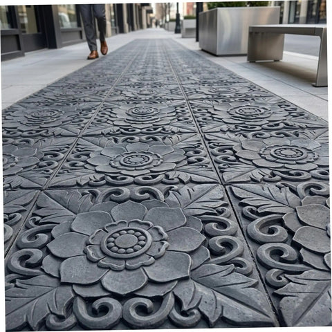 Side view of pathway with antique lotus pattern pavers. Two Pack Antique Lotus Design Concrete Paver Molds For DIY Garden Path Stepping Stones Reusable Cement Forms For Patio Walkways And Outdoor Hardscape Projects.