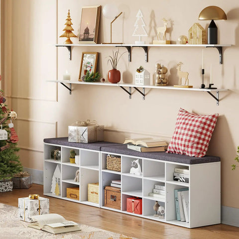 12 Cubby Shoe Storage Bench With Cushioned Seat And Adjustable Shelves White Entryway Organizer under holiday shelves
