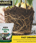 All Purpose Premium Potting Soil Mix With Worm Castings For Indoor And Outdoor Containers, Gives Your Plants A Real Boost On Nutrients, Drainage, And Moisture Control, 4 Quarts shown with plant roots.