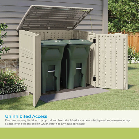 34 Cu Ft Horizontal Resin Storage Shed With Floor Included, Lockable And Weatherproof Outdoor Storage for trash cans