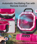 Pink Portable Camping Fan With LED Lantern and remote, showcasing 360 degree rotation and 270° swivel options.