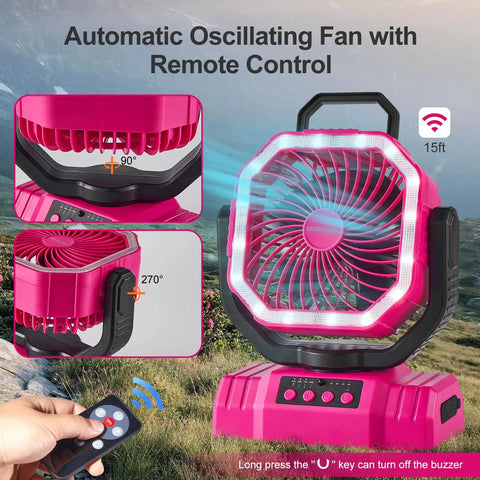 Pink Portable Camping Fan With LED Lantern and remote, showcasing 360 degree rotation and 270° swivel options.