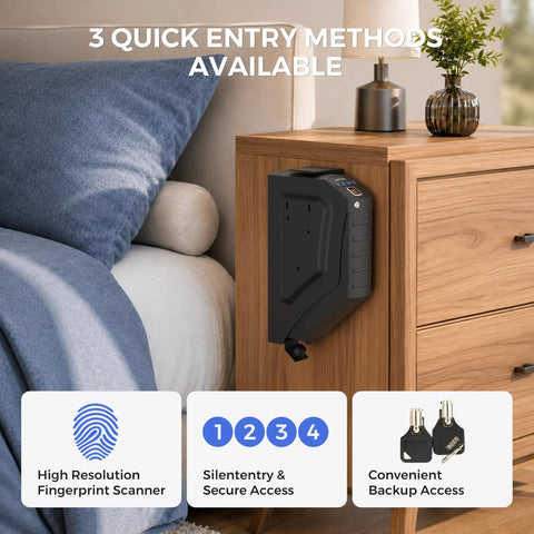 Biometric Pistol Safe With Three Ways Quick Access No Fuss Auto Open Lid Fingerprint And Digital Pin Key UL1037 certified nightstand use