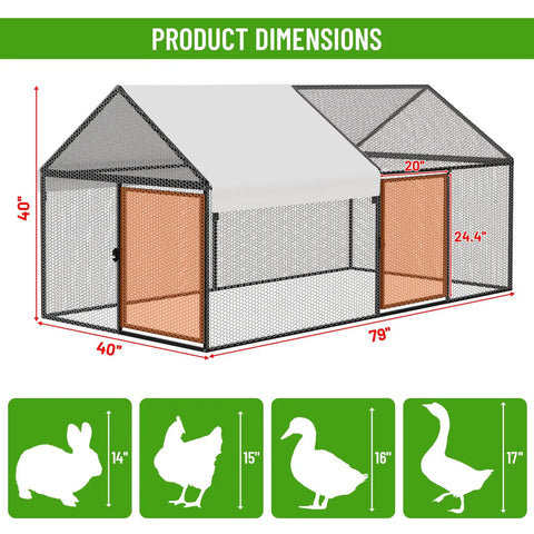 Roomy Metal Chicken Coop With Weatherproof Cover For Outdoor Backyards Walk In Hen House For Chickens Ducks Rabbits And Small Pets 79 By 40 By 40 Inches Portable Backyard Poultry Cage dimensions
