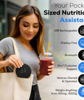 Woman holding Portable Food Scale With Built In Nutritional Calculator Rechargeable Travel Pocket Digital Kitchen Scale in bag.