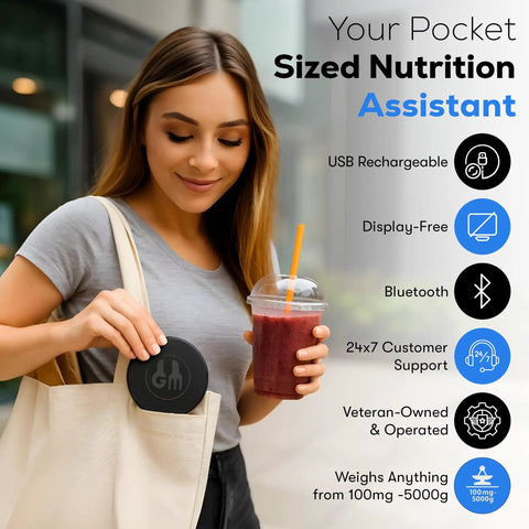 Woman holding Portable Food Scale With Built In Nutritional Calculator Rechargeable Travel Pocket Digital Kitchen Scale in bag.