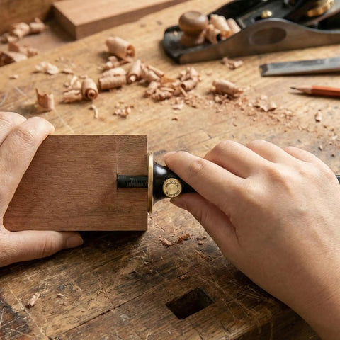 Top Shelf Wheel Marking Gauge with Precision Rolling Cutter utilized on wood for accurate lines, showcasing its dual scale feature.