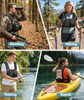 Four people using the Running Hydration Vest With 2L Water Bladder while hunting, hiking, fishing, and kayaking outdoors.