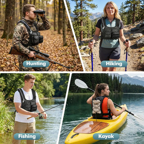 Four people using the Running Hydration Vest With 2L Water Bladder while hunting, hiking, fishing, and kayaking outdoors.