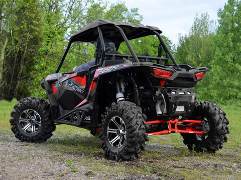 Heavy Duty Round Tubed Rear Radius Arms For Polaris RZR Models Red Finish With Adjustable Heim Joints And Hand Welded Construction For Maximum Strength And Durable Performance See Fitment Details on rear suspension