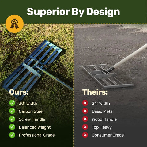 Comparison of 30-inch wide Lawn Leveling Rake 30 Inch By 10 Inch Heavy Duty Carbon Steel Ground Leveler and a 24-inch basic rake.