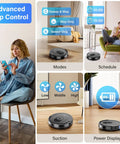 Robot Vacuum And Mop Combo With 5000Pa Suction, 150 Minute Runtime, App And Remote Control, Self Charging, Ideal For Hard Floors, Carpet, Pet Hair Cleanup, G8000 Max displayed with app control on mobile phone and cleaning modes shown on screen.