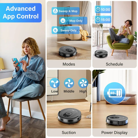Robot Vacuum And Mop Combo With 5000Pa Suction, 150 Minute Runtime, App And Remote Control, Self Charging, Ideal For Hard Floors, Carpet, Pet Hair Cleanup, G8000 Max displayed with app control on mobile phone and cleaning modes shown on screen.