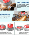 12 Piece Wire Wheel Brush Set For Four And A Half Inch Angle Grinders With Five Eight Eleven UNC Arbor showing wire cup and wheel brushes cleaning rust