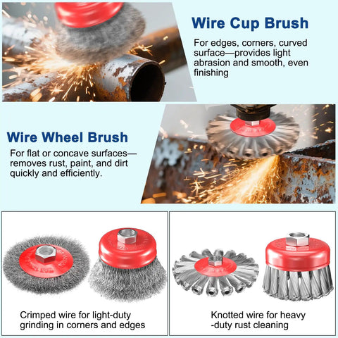 7 Piece Wire Wheel Brush Set For 4.5 Inch Angle Grinders With 5 8 UNC Threaded Arbor Heavy Duty Knotted And Crimped Cup Wheels in use