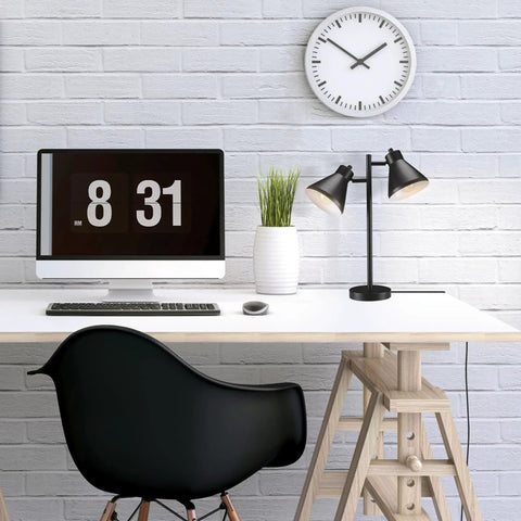 18 Inch Two Light Desk Lamp With Industrial Style Pivoting Heads Matte Black Finish And Dual Switches With E26 Base For Reading Tasks And A Great Desk Setup Vibe on white desk setting