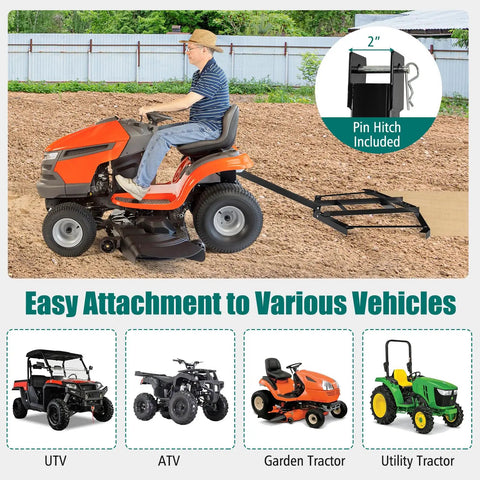 66 Inch Wide Tow Behind Driveway Drag Harrow With Reinforced Bars attached to garden tractor for soil leveling demonstration