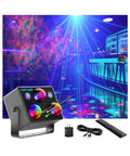 RGB Sound Activated Disco Light With Remote Control, LED Strobe Stage Lights projecting colorful patterns in a bar setting