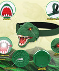 Dinosaur Headlamp For Kids With LED Flashlight Roar And Silent Modes, T Rex Dino Toy showing features like adjustable strap and LED lights.
