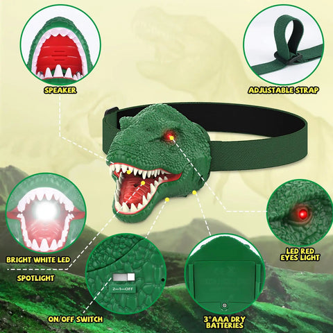 Dinosaur Headlamp For Kids With LED Flashlight Roar And Silent Modes, T Rex Dino Toy showing features like adjustable strap and LED lights.