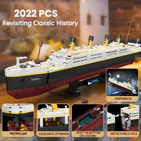 Epic Titanic Model Kit With 2022 Building Blocks, Giant 26.97 Inch Replica Ship, STEM 3D Puzzle Toy For Kids And Adults, Educational Collectible Display For Home Or Office Decor, Realistic Bow, Funnel, And Propeller Detail, side view