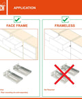 Installation diagram for 8 Inch No Slam Soft Close Drawer Slides Set showing compatibility with face-frame and frameless cabinets.