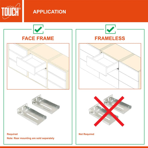 Installation diagram for 8 Inch No Slam Soft Close Drawer Slides Set showing compatibility with face-frame and frameless cabinets.