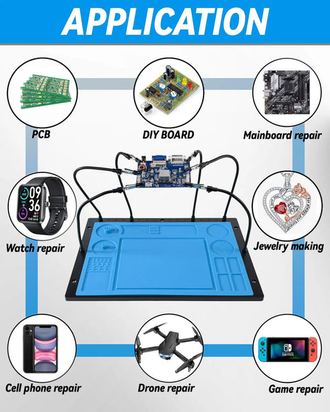 Helping Hands Soldering Station With Soldering Mat And Six Flexible Arms Third Hand Tool, applications overview, montage.
