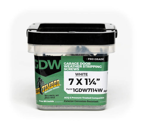 Massive White Ceramic Coated T-15 Star Drive Screws Tailored For Garage Door Weather Strip Sealing One Whole Quarter Inch Long By Size Seven Featuring A Round Washer Head And Grippy Knurled Shank Packed At Two Hundred Twenty Two Pieces Built Dang Tough in a container