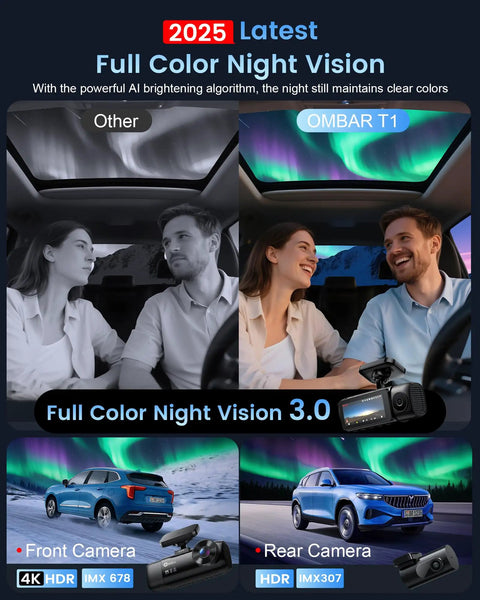 Comparison of Full Color Night Vision showing two smiling people in cars, displaying 4K HDR IMX678 and IMX307 camera features