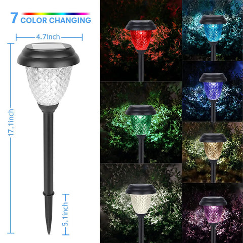 8 Pack Color Changing Solar Pathway Lights Outdoor Waterproof For Garden And Yard with color variations and dimensions shown