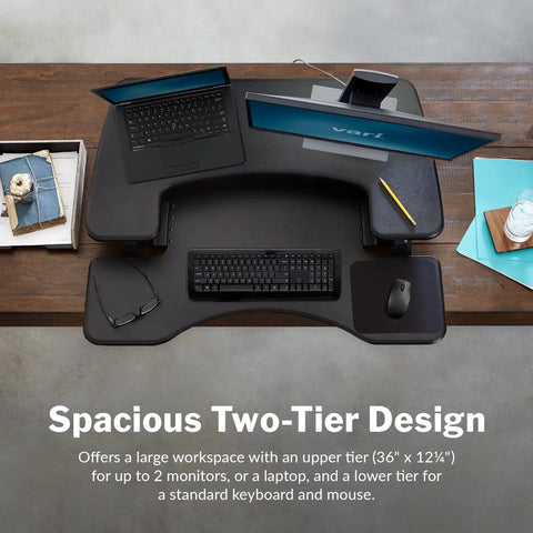 Top view of Pro Plus 36 Adjustable Desk Converter With 11 Height Settings For Dual Monitor Sit Stand Desk Riser setup