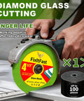 Heavy Duty 4.5 Inch Diamond Glass Cutting Blades For Angle Grinder 7/8 Arbor 3 Pack displayed on an angle grinder.