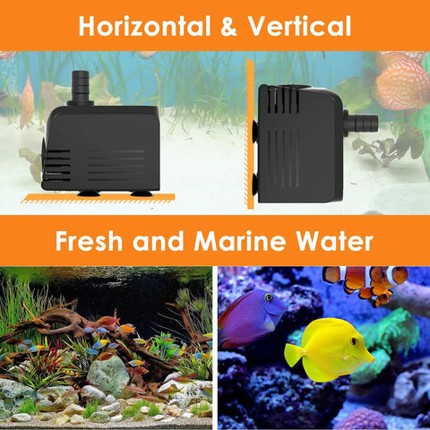 Submersible Water Pump for Aquarium and Pond, Adjustable Flow Control, 400 GPH, 25W, Energy Efficient and Quiet, side view in aquarium