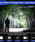 Person in forest with Beast Mode 100000 Lumen Flashlight With Zoom Beam, lighting trees, LCD display hints at five light modes.