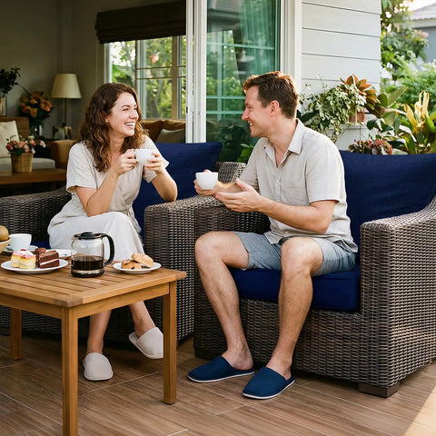 Couple enjoying coffee on patio with wicker sofa featuring Outdoor Chair Cushions Set For Patio Furniture 22 By 22 Inch Deep Seat Cushion And 22 By 19 Inch Back Pillow With Removable Rain Resistant Covers And Ties For Wicker Sofa Blue Sunbrella.