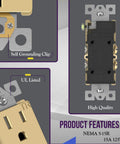 Elite Decorator Receptacle Outlet With Tamper Resistant Self Grounding 15A 125V Gold Finish UL Listed wall plate included