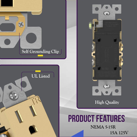 Elite Decorator Receptacle Outlet With Tamper Resistant Self Grounding 15A 125V Gold Finish UL Listed wall plate included