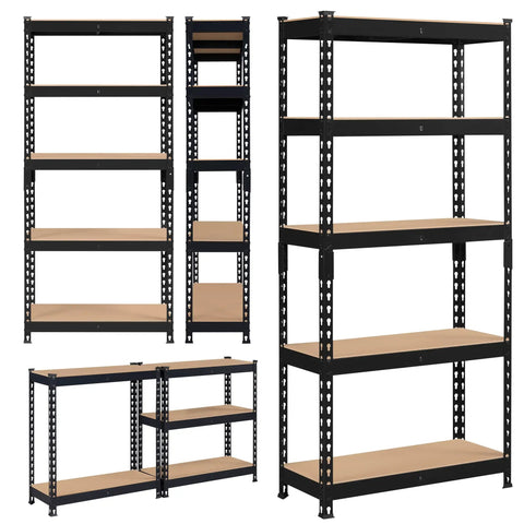 Five Tier Metal Storage Shelving Unit In Black Heavy Duty Garage Rack 60 Inch Tall 386 Lb Per Tier 1930 Lb Total Capacity Powder Coated Iron Frame And MDF Shelves, front view