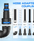 Hose adapter coupling for submersible pumps; features multiple sizes and connections in durable black plastic.