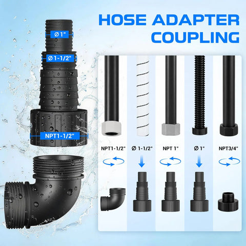 Hose adapter coupling for submersible pumps; features multiple sizes and connections in durable black plastic.