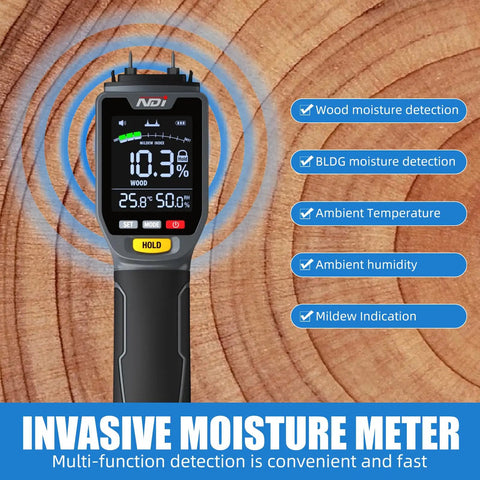 All In One Wood Moisture Meter And Digital Water Tester With Backlit LCD Display, Auto Alarm, Low Battery Indicator, Calibration And Hold Button For Wood Firewood Lumber And Floors, Measures Humidity And Temperature And Helps Detect Mold, invasive meter