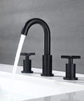Matte Black 8 Inch Widespread Bathroom Faucet With Two Handles 3 Hole Sink Faucet With Valve And Pop Up Drain Brass Construction Tarnish Resistant Easy To Clean Perfect For Modern Bathrooms