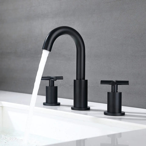 Matte Black 8 Inch Widespread Bathroom Faucet With Two Handles 3 Hole Sink Faucet With Valve And Pop Up Drain Brass Construction Tarnish Resistant Easy To Clean Perfect For Modern Bathrooms